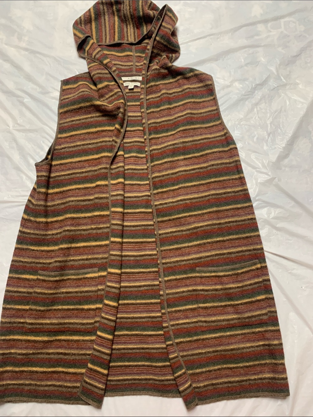 Asiri Made In Peru Alpaca Wool Striped Hooded Vest Brown Open Front Pockets XL